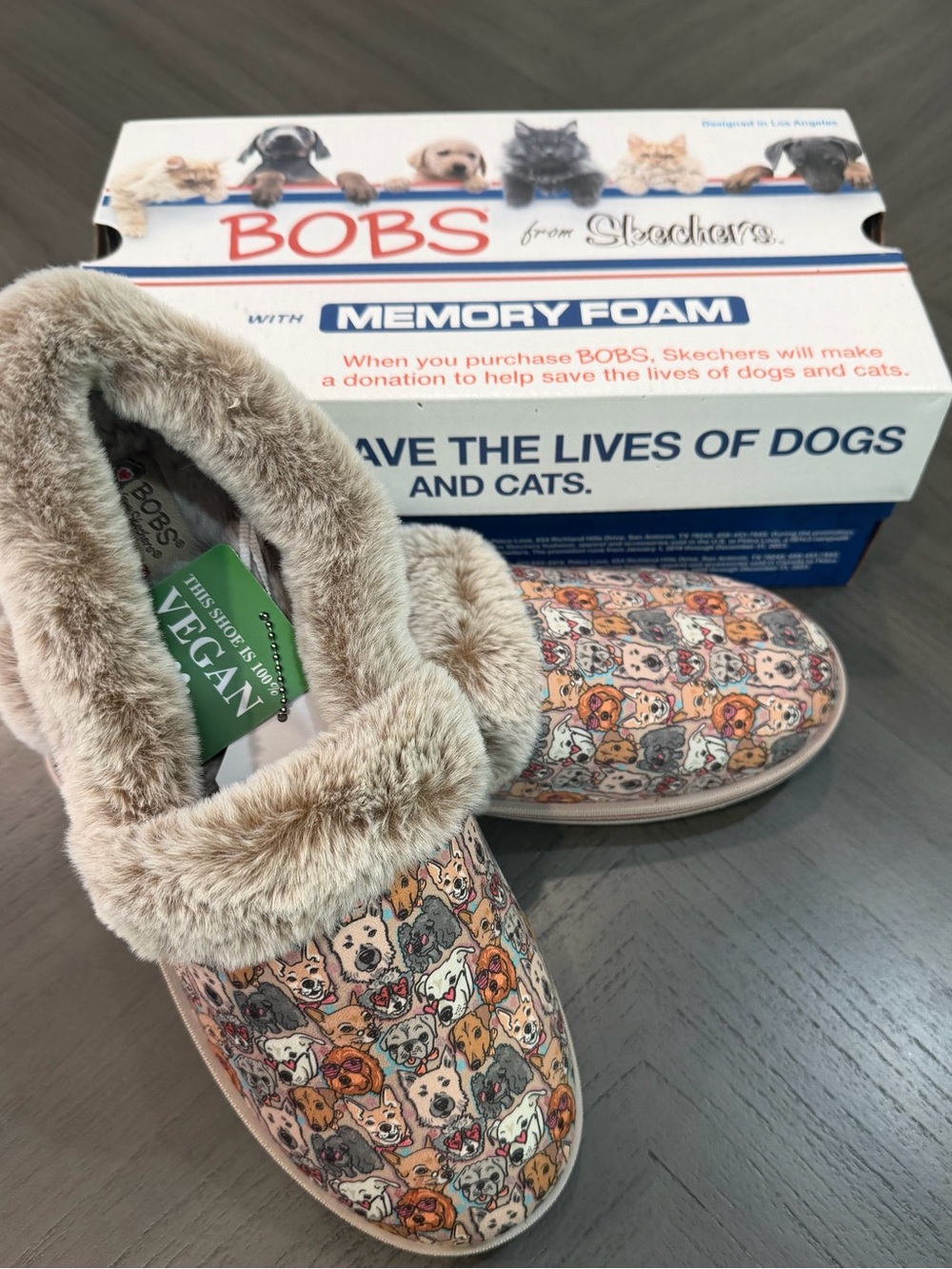 New in Box- BOBS by Skechers Women's Memory Foam Vegan Dog Print Slippers- Beige